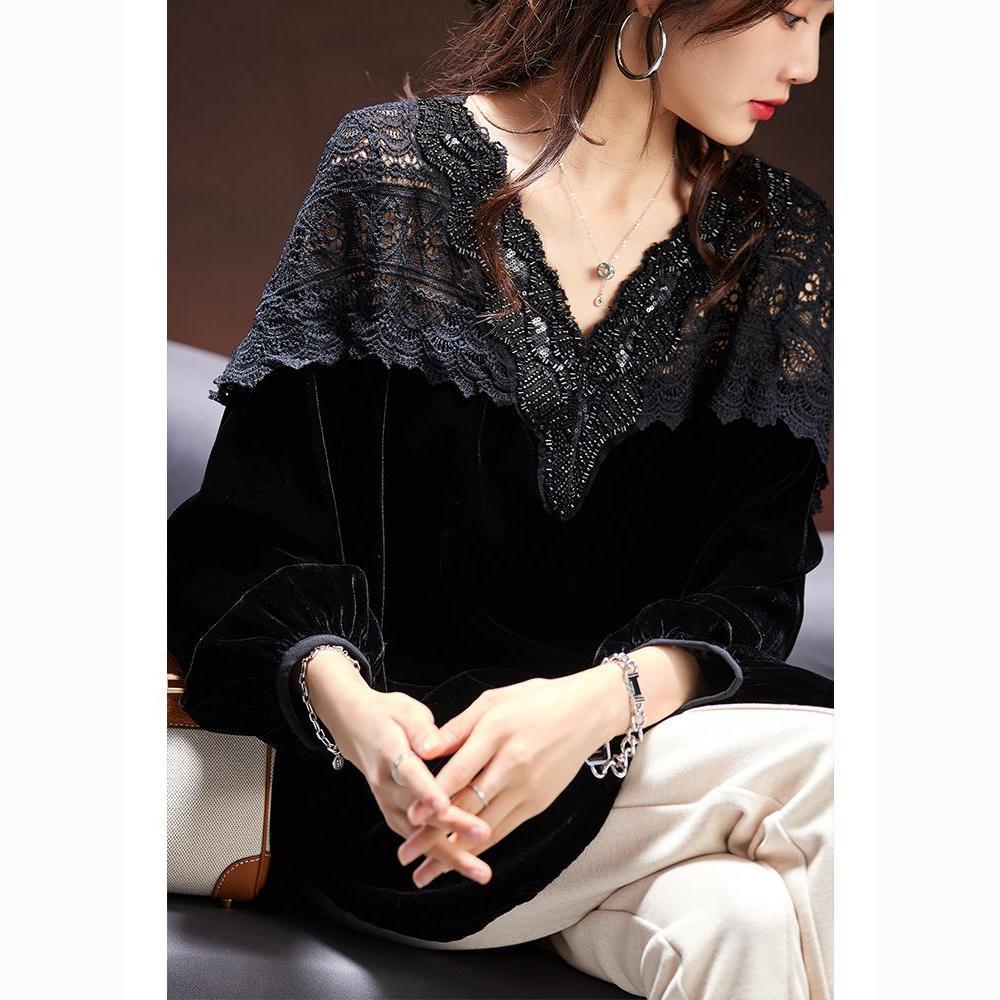 Chic GraceChic GraceChic GraceChic Elegant Velvet Patchwork T-Shirt For Women 2025 Autumn New Lace Top European Style Plus Size Age-Reducing Women's_voghion.com