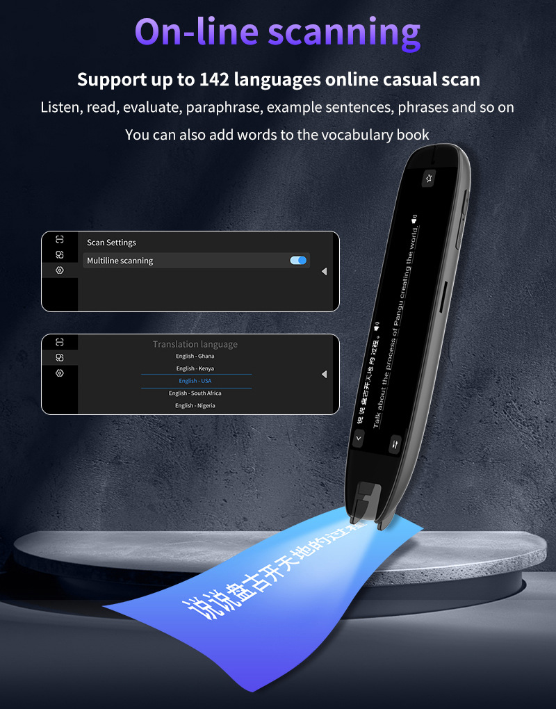 The international version of the scanning translation pen features precise offline translation in multiple languages including Chinese, English, German, French, Japanese, Korean, Cantonese and traditional Chinese Application Scenario