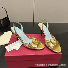 2025夏季新款牛皮小爱心一字带法式高跟鞋气质时尚夏天拖鞋外穿女