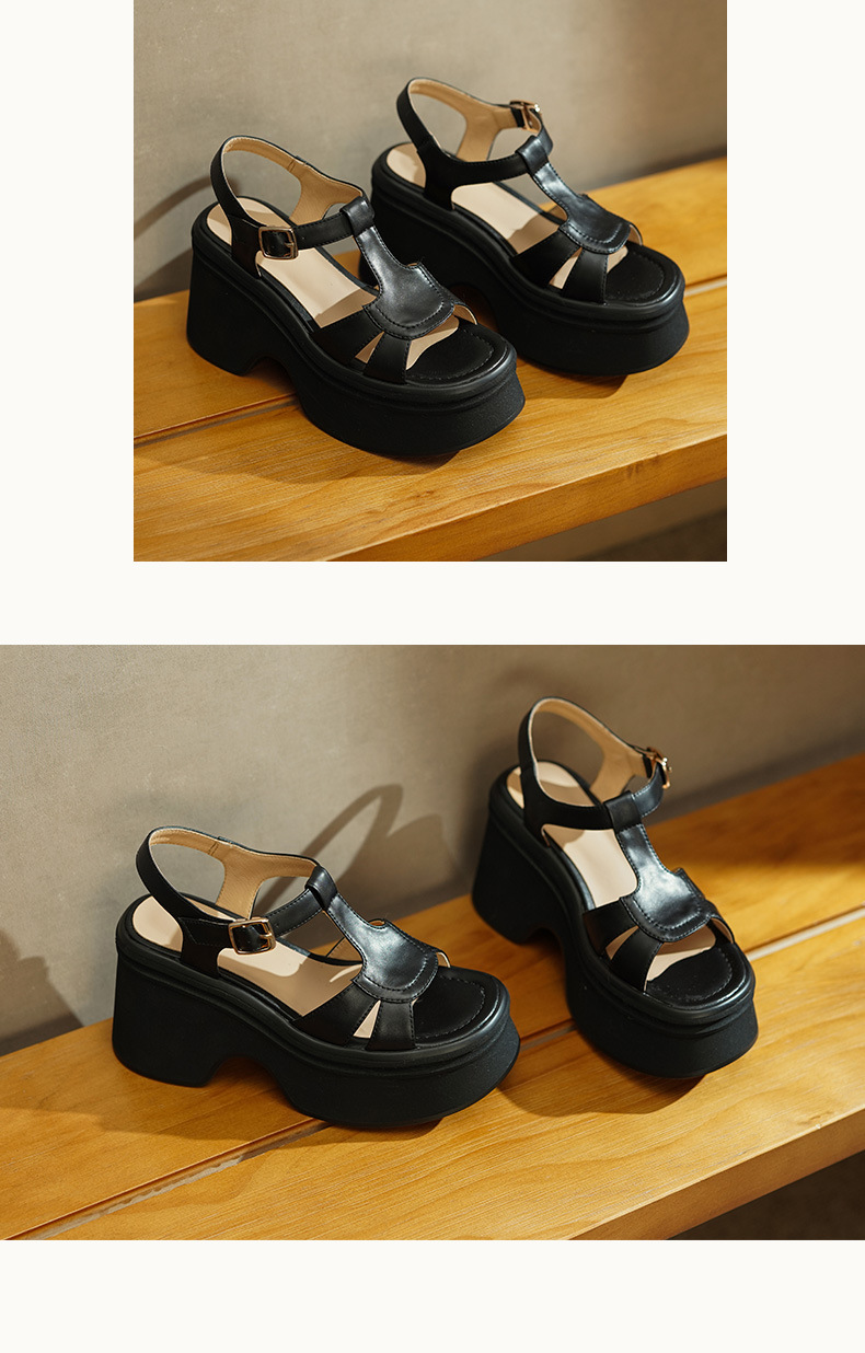 Sandal nữ đế nêm da thật phong cách La Mã hở mũi, gót 10 cm — đen, màu nâu sẫm chi tiết 6