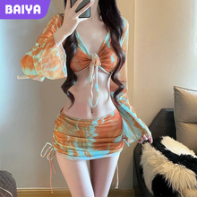 长袖防晒泳衣女2025新款比基尼分体四件套显瘦纯欲风温泉度假批发