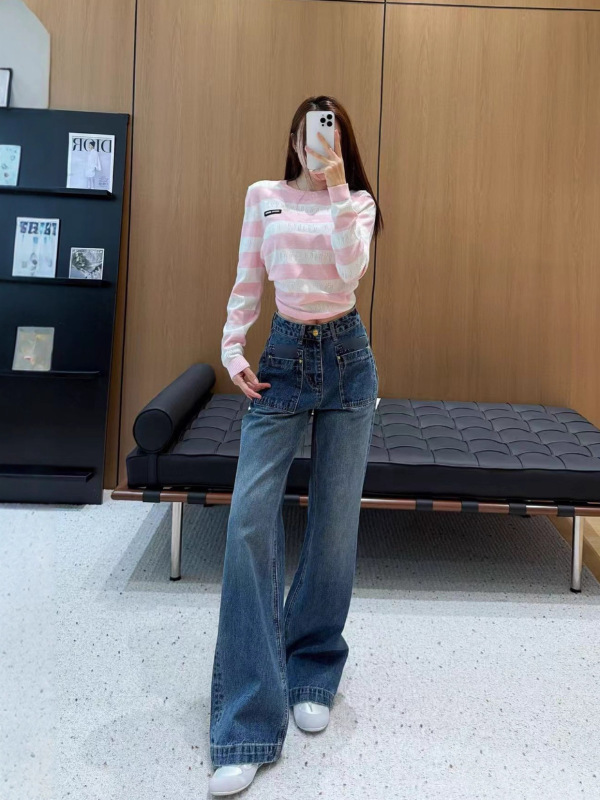 南油女装裤子批发2025秋冬压花直筒牛仔裤女高腰宽松垂感阔腿长裤|undefined