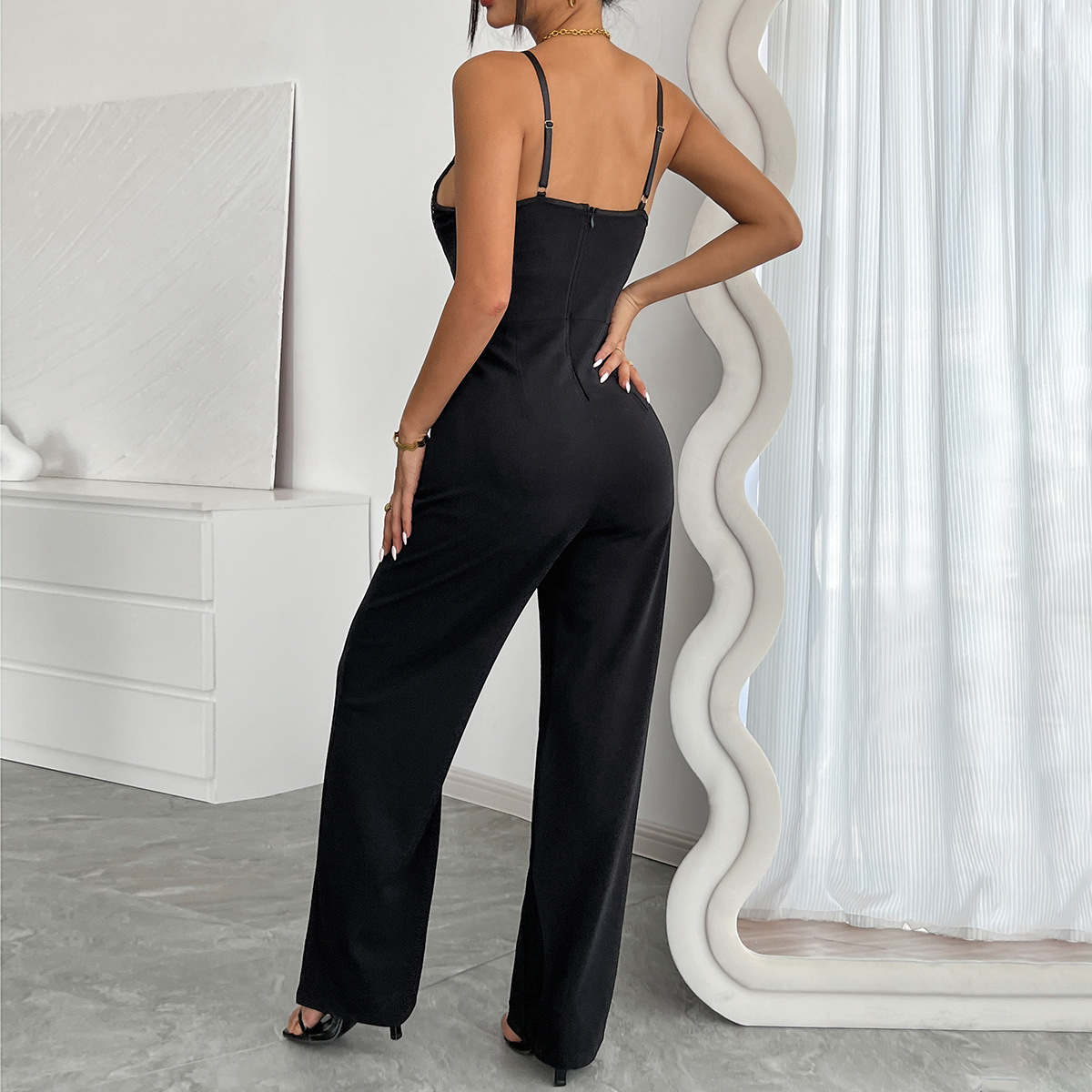 Stitching Sexy Lace Contrast Color Fall Inner Suspender Jumpsuit High Waist Trousers Jumpsuit