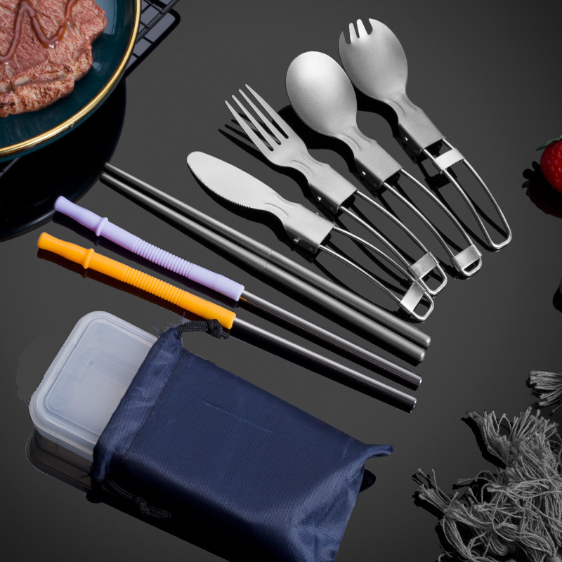 New titanium portable tableware suit mountaineering camping folding knife, fork and spoon chopsticks straw cross-border e-commerce purchasing