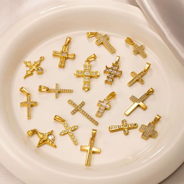 European and American Cross-Border Stainless Steel Diamond-Encrusted Cross 18K Vacuum Electroplated Fashion Zircon Pendant DIY Jewelry Accessories
