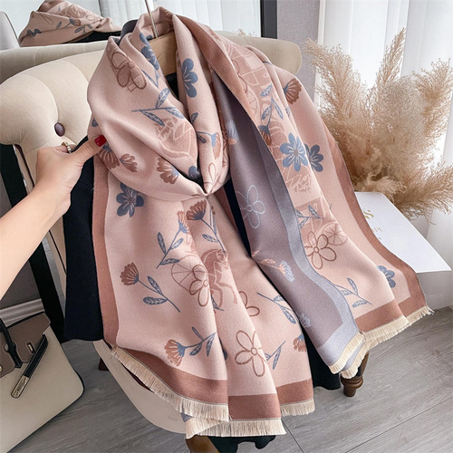 Pink girl small flower imitation cashmere scarf for women thickened warm scarf shawl outer decorative scarf wholesale delivery