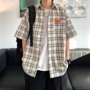 [格子短袖衬衫男士夏季港风宽松大码百搭半袖衣服韩版潮流衬衣外套]