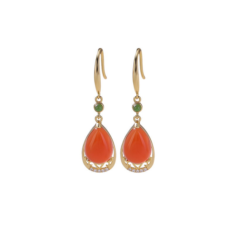 Khuyên tai nữ bạc S925 mạ vàng hồng đính mã não jasper hình giọt nước phong cách thanh lịch — Cặp đôi