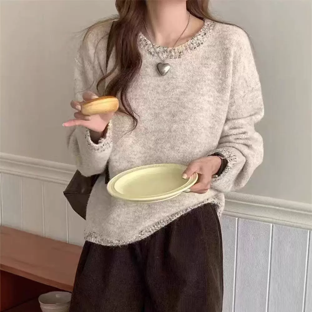 秋冬新款圆领花边设计感慵懒风毛衣女套头针织衫纯色软糯宽松上衣