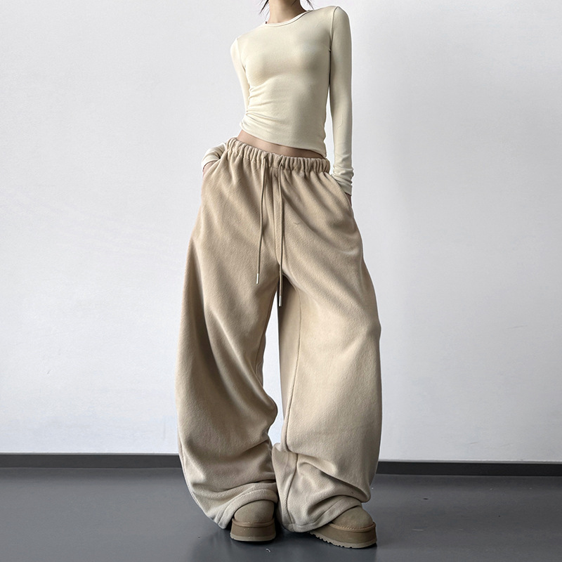 High-Waisted Slimming Straight-Leg Wide-Leg Sweatpants for Women, Trendy 2025 Winter New Style, Tall Khaki Color, Fleece-Lined and Thickened Pants