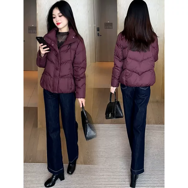 Women's short, stand-collar cotton jacket, new winter style, loose fit, 2026 autumn/winter collection, slimming effect, suitable for petite figures, lightweight and warm, solid color outerwear