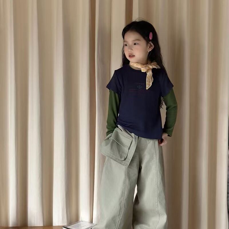 2025秋季新款女童韩版真两件长袖T恤女宝宝时髦圆领上衣裤子|undefined
