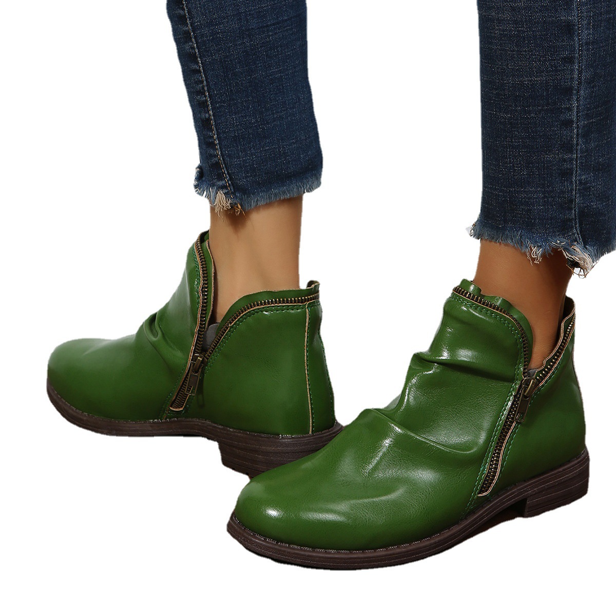New low heel chunky round toe double zipper boots for women_voghion.com