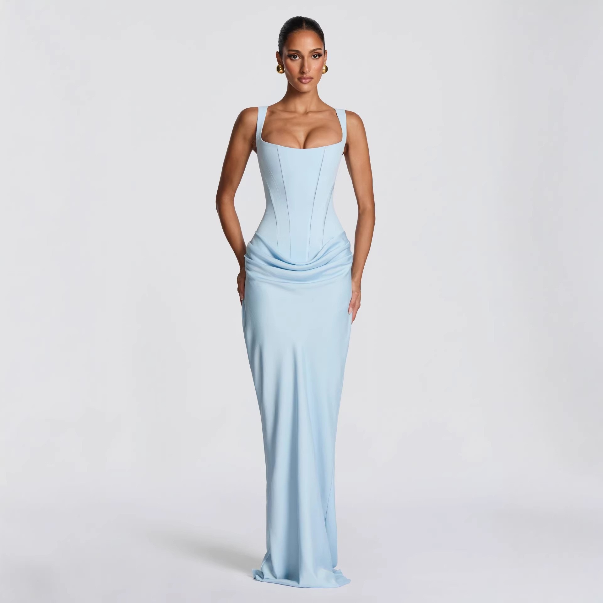 Europa y América 2026 primavera nueva moda de color sólido cuello cuadrado sin mangas delgado empalme plegado sexy vestido de cadera image 13