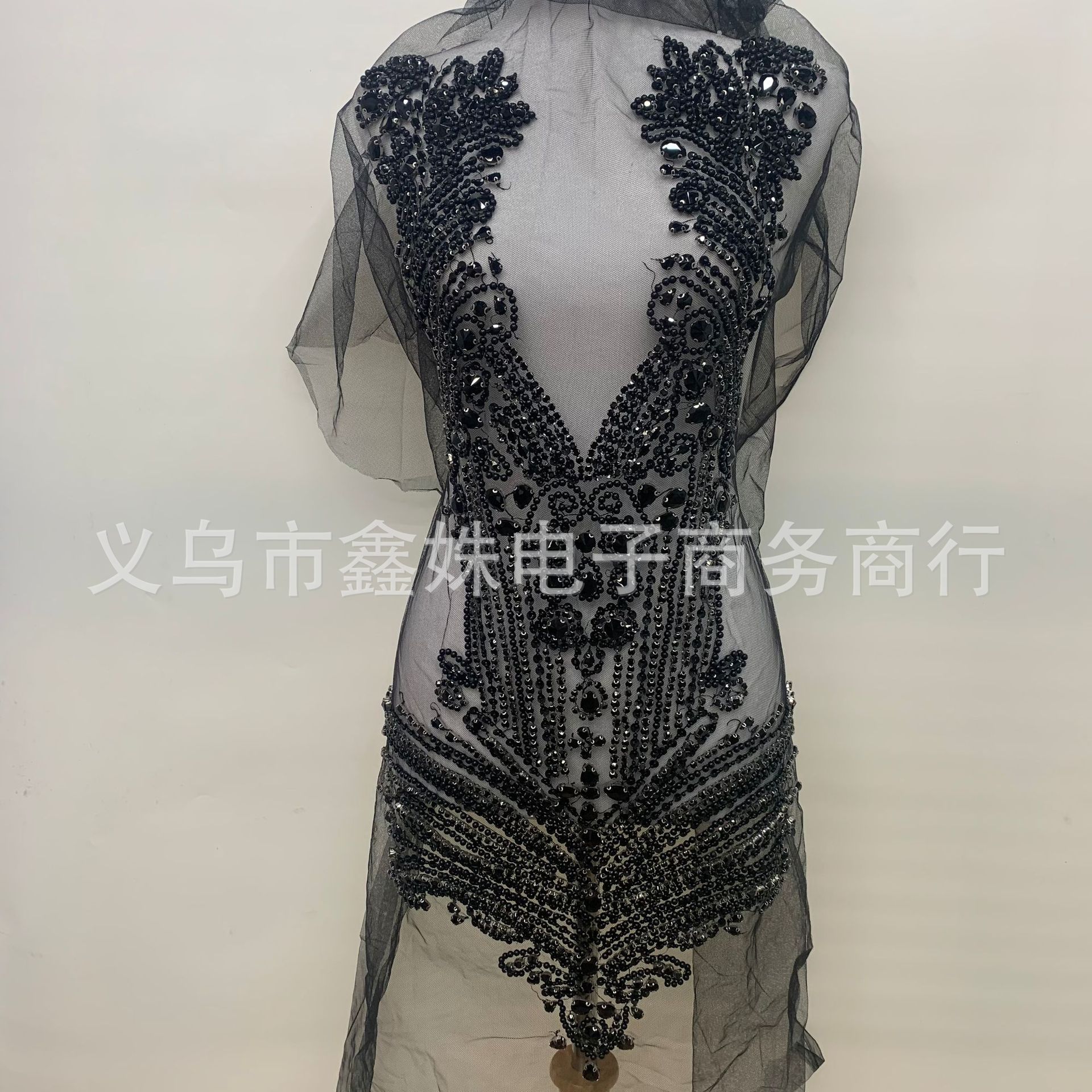 全幅款手工钉珠婚纱礼服装饰黑色蕾丝贴花