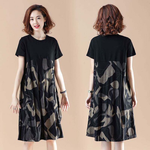 Mom dress, large size, 200kg, medium and long dress, women's summer dress, fat MM loose, slimming printed, short-sleeved A-line dress, women