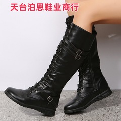 现货2025外贸圆头铆钉皮带扣方跟pu欧美女靴子中筒秋冬新款骑士靴