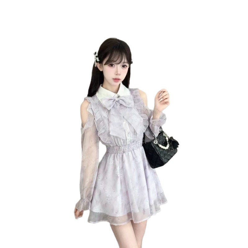 2025秋冬季甜美少女千金温柔风收腰露肩长袖紫色印花连衣裙女潮|undefined