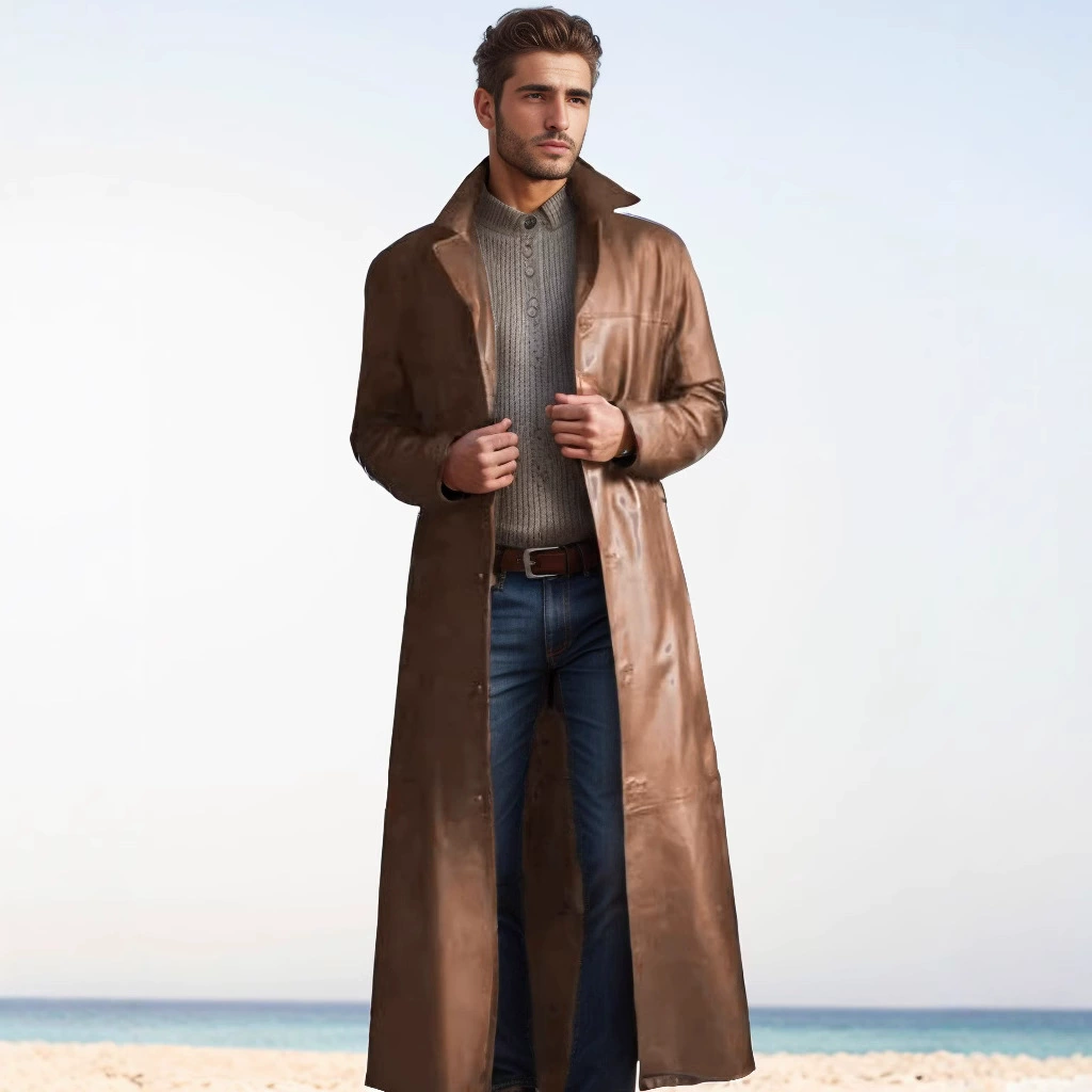 Мужской длинный плащ-тренч из полиуретана PU, slim fit, длинная линия, стильная куртка (S–5XL)