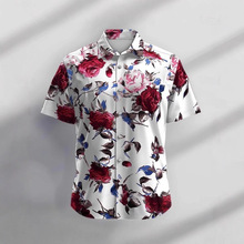 跨境新款男士衬衫夏威夷沙滩四面弹玫瑰花潮男印花夏季衬衫短袖男