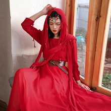 2022复古红色大摆民族风连衣裙青海湖西藏沙漠度假旅游草原长裙
