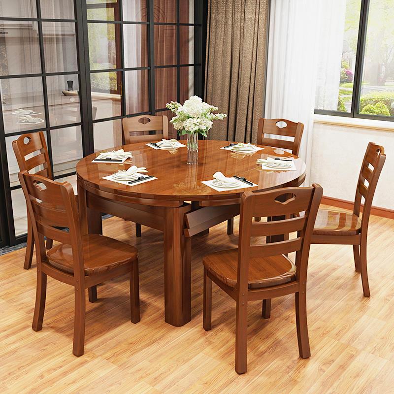 Solid Wood Dining Table and Chair Combination Modern Simple Household Small Apartment Telescopic Folding Square Round Dual-purpose Round Dining Table