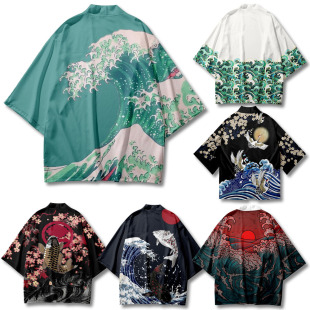 Summer Casual Cardigan Japanese Ukiyo-e Wave Kimono Cloak 3D Digital Printing Home Bathrobe Feather Woven Men