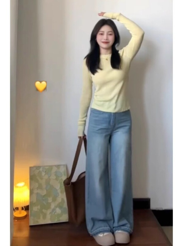 早秋穿搭黄色圆领内搭针织衫女长袖修身毛衣显瘦独特打底衫上衣潮|undefined