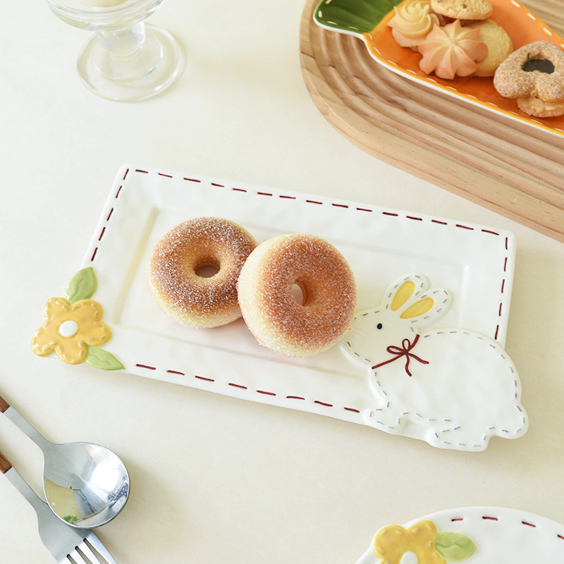 Lindo conejo largo plato creativo flor luz alivio occidental plato pan postre filete sushi placa cuadrada placa plana