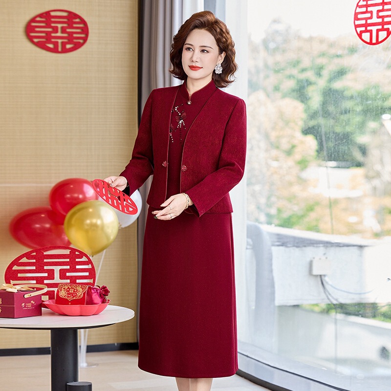 2026 New Style Mother's Dress Set for Middle-Aged and Elderly Women, Spring, Autumn, Winter Two-Piece Outfit for Mother-in-Law's Wedding Reception