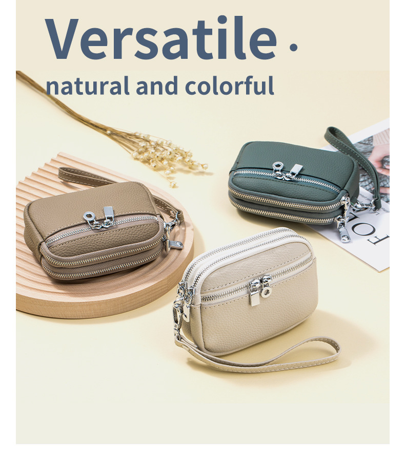 Mini portefeuille zéro exquis en cuir véritable pour femme, sac de rangement à double fermeture éclair de grande capacité, sac à main multifonctionnel_voghion.com