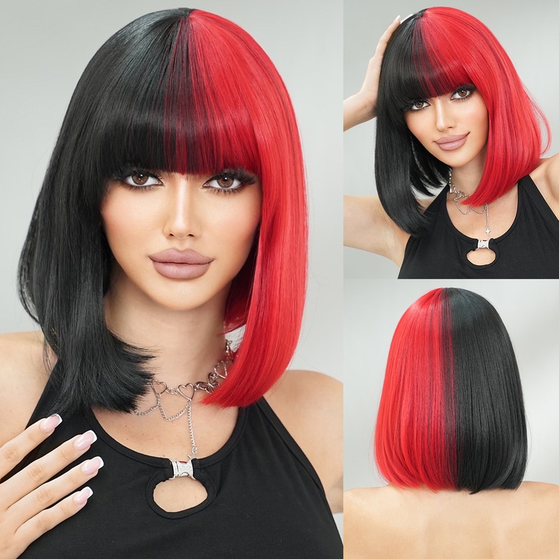 2025 half black half red wave head short hair neat bangs short straight hair Halloween party street costume wig wholesale