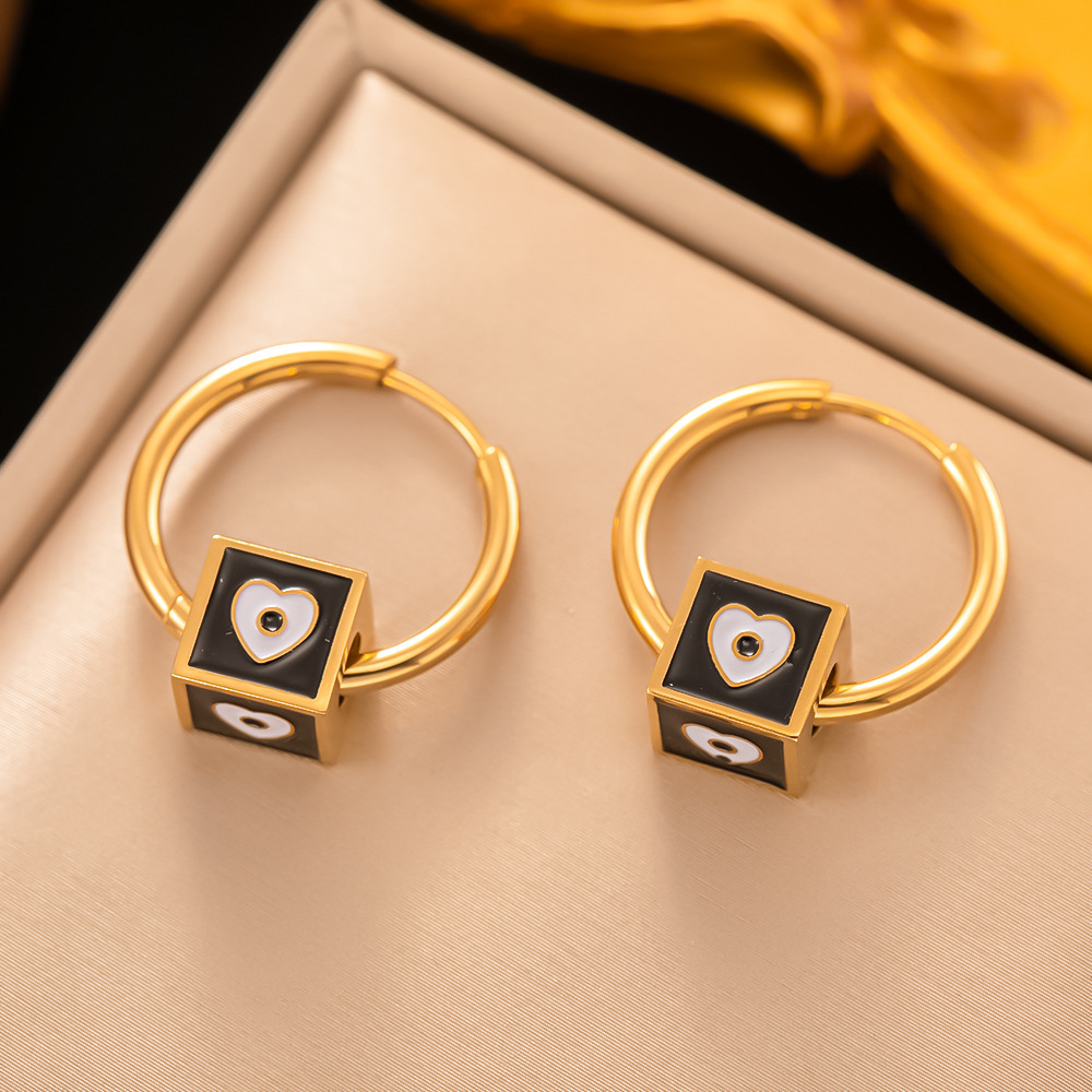 10g Weight Vacuum Plating Gold Plating Process 1 Pair Artistic Square Heart Shape Eye Enamel Plating 304 Stainless Steel 18K Gold Plated Hoop Earrings