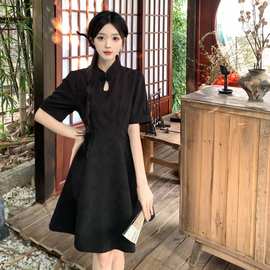 实拍大码黑色旗袍改良版短款日常新中式连衣裙设计感