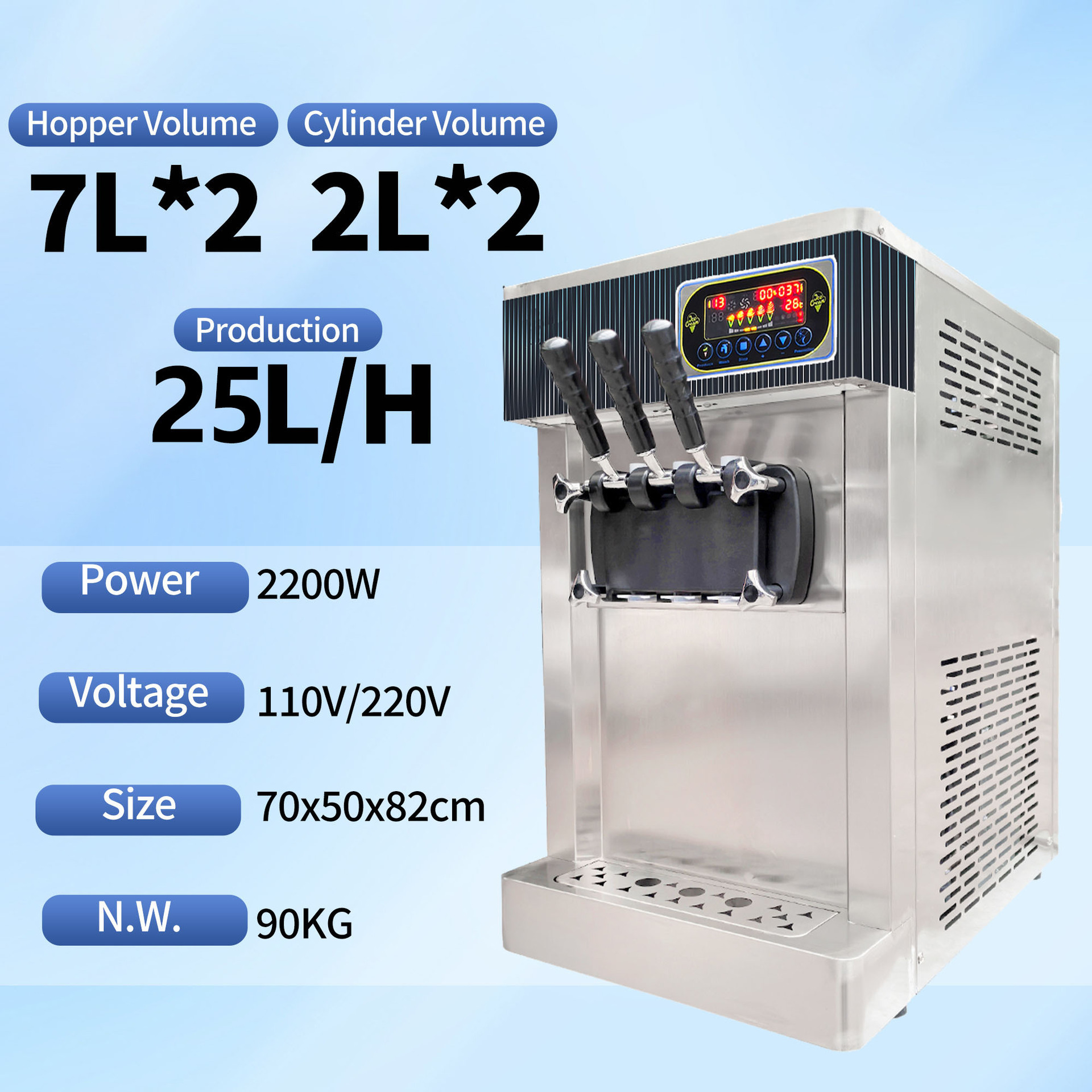Máquina de helado suave de 7 sabores, popular en zonas turísticas para emprendedores.