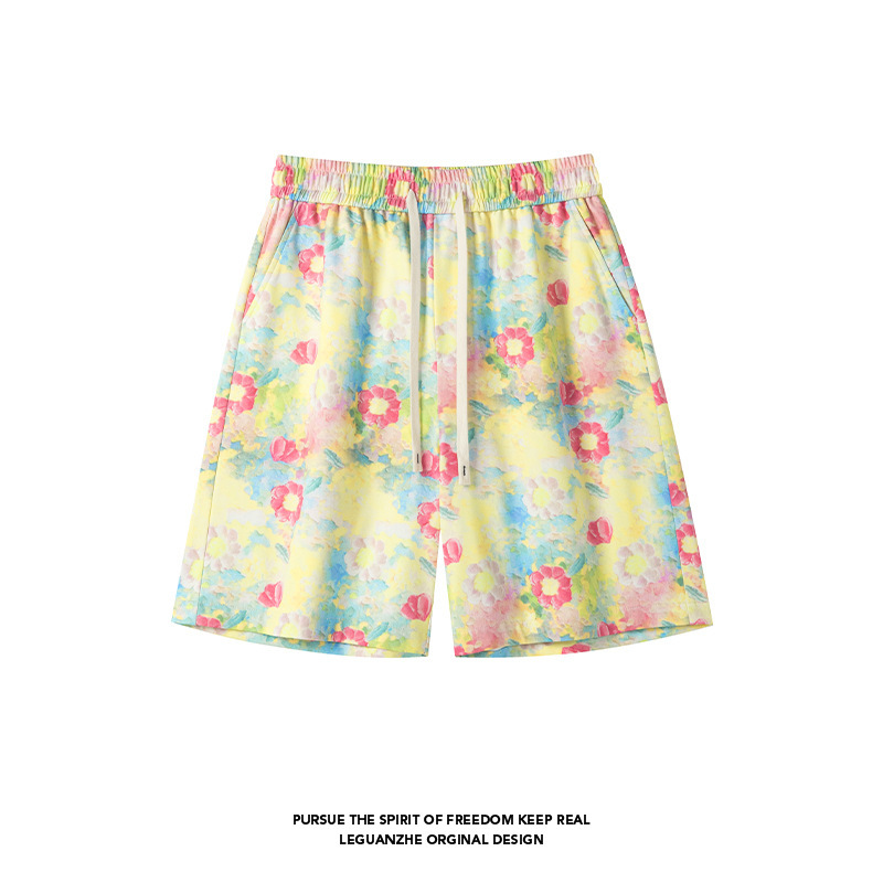 American Retro Oil Painting Print Casual Shorts, Summer Thin Floral Design Hawaiian Beach Shorts, Five-Point Pants American Retro Oil Painting Print Casual Shorts, Summer Thin Floral Design Hawaiian Beach Shorts, Five-Point Pants
