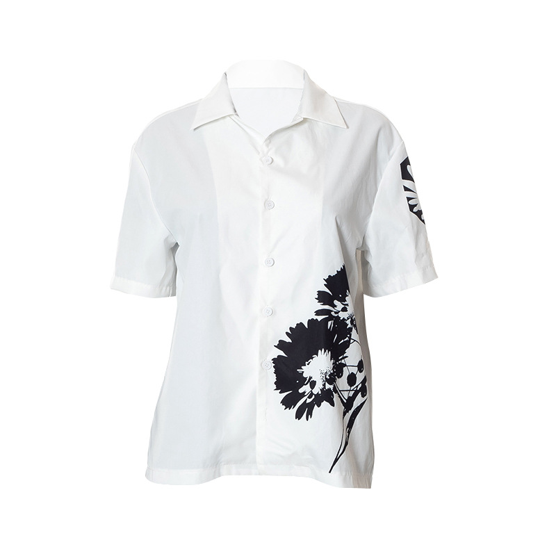 breasted printing lapel short sleeve loose shirt NSLHC133632