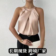 欧美女装高级感外贸缎面衬衫女 夏季新款色丁亚马逊衬衣批发上衣