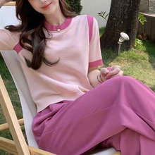 夏季甜美风时尚套装圆领T恤长裤两件撞色拼接显瘦小个子网红服装