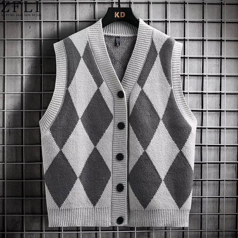 Cardigan Sweater Vest Men's Korean-style Teenager Rhombus Early Autumn Knitted Vest with College Style