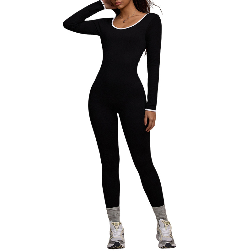 Europa y los Estados Unidos de color contrastante hermosa espalda manga larga ropa de yoga para mujeres al aire libre delgada abdomen corren deportes elevar las caderas pantalones de unidad