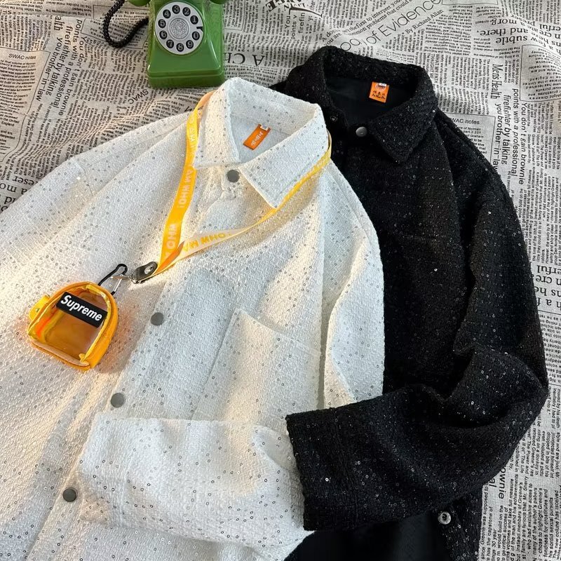 Tweed Style Sequin Cardigan Button Woven Shirt Men's Autumn and Winter 2023 New Lapel Casual Jacket Couple Shirt