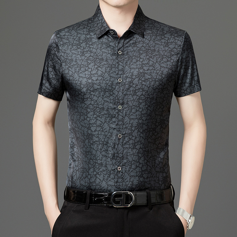 Middle-Aged Men's Summer Short-Sleeved Shirts, Satin Tops, Dad-Style Cardigans, High-End Trendy Ice Silk Half-Sleeved Floral Shirts