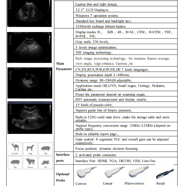 Hospital animal rancho portátil ultrasonido diagnóstico de lenguaje extranjero 12 pulgadas mascotas veterinarias fabricantes de ultrasonido de color