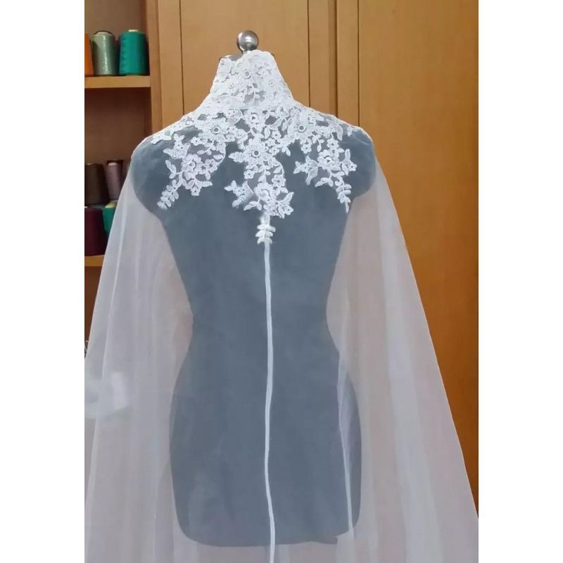 European and American foreign trade high collar embroidery applique bride wedding cloak mesh lace cloak button length * * *
