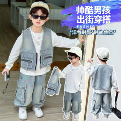 男童拉链牛仔马甲三件套春秋装韩版儿童痞帅时髦套装宝宝洋气衣服