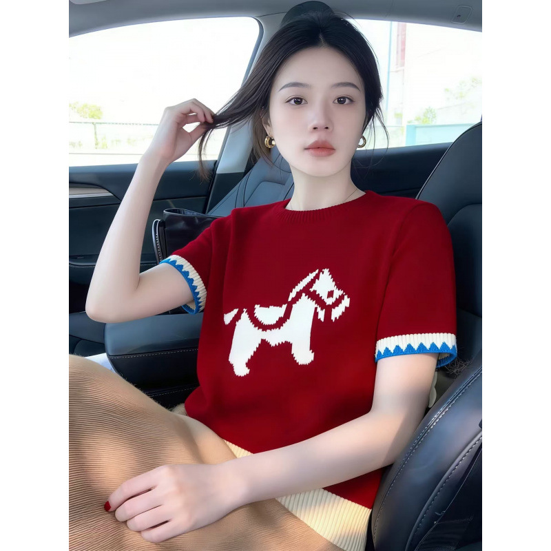 红色小马驹提花内搭打底针织短袖T恤女2026春季本命年马年上衣