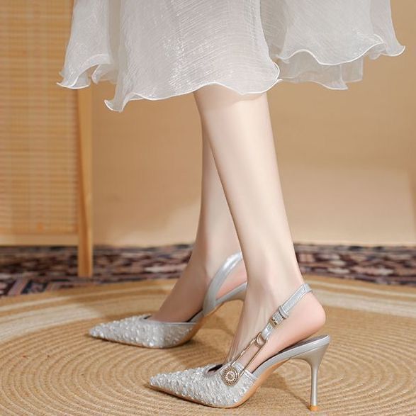 Banquet Shoes, Pointed Toe Stiletto Heels, Fashionable Sequined High Heels for Women, 2025 Spring & Fall New Style, One-Line Buckle with Skirt Banquet Shoes, Pointed Toe Stiletto Heels, Fashionable Sequined High Heels for Women, 2025 Spring & Fall New Style, One-Line Buckle with Skirt