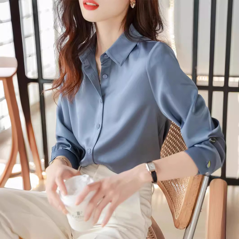 Japanese Satin-Like Anti-Wrinkle and Smooth Texture Shirt for Women with Long Sleeves, Fashionable and Professional, New for Spring and Autumn