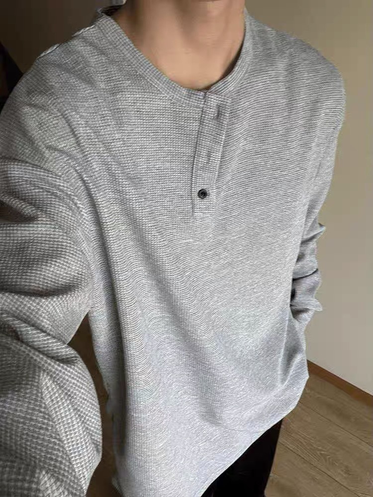 New waffle long sleeved T-shirt for men in spring and autumn vintage Henry collar, loose casual base shirt_voghion.com